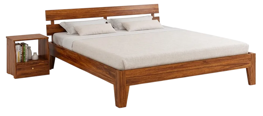 Low teak platform bed with a slatted headboard and matching bedside shelf, made by Erum Furniture, Nagavara