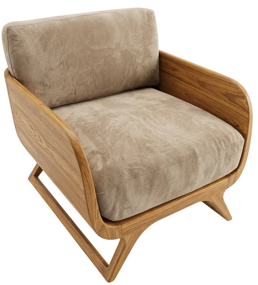 Modern teak lounge chair with curved frame and beige suede cushions, made to order at Erum Furniture, Nagavara