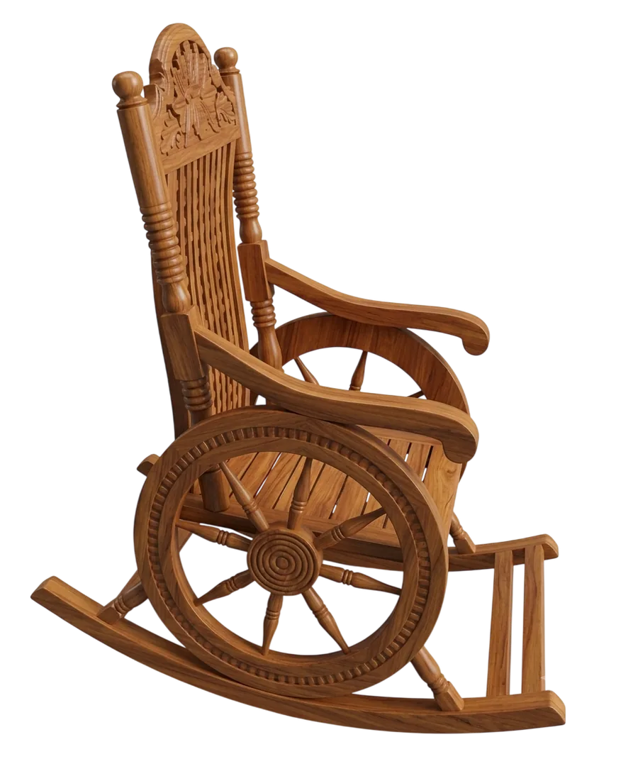 Hand-carved teak rocking chair with wheel-spoke side panels, made by Erum Furniture, Nagavara