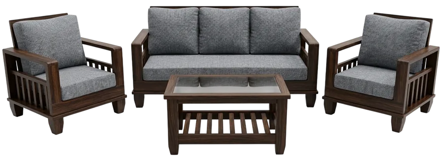 Solid wood 3+1+1 sofa set with grey cushions and a glass-top centre table, made by Erum Furniture, Nagavara