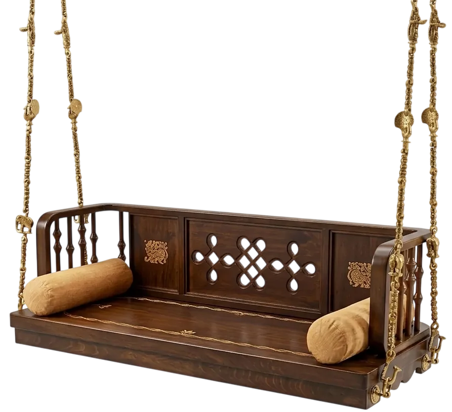 Carved sheesham wooden swing with brass chains and bolster cushions, made by Erum Furniture, Nagavara