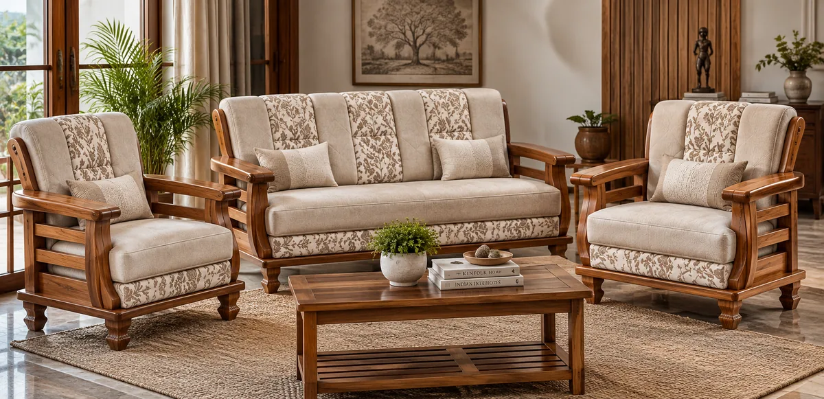 Assam teak sofa set and living room furniture made by Erum Furniture, Nagavara